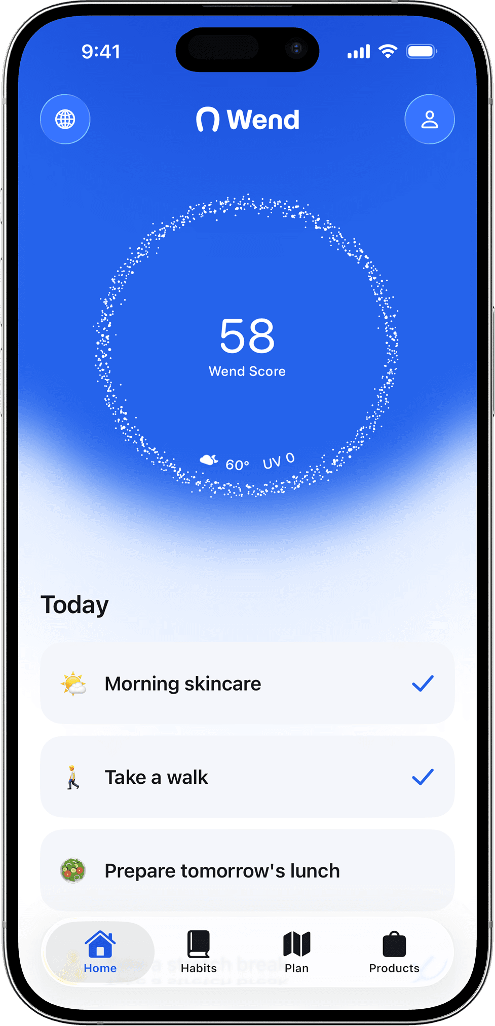 Wend on iPhone: your daily score, morning skincare, a walk, and meal preparation in one task list.